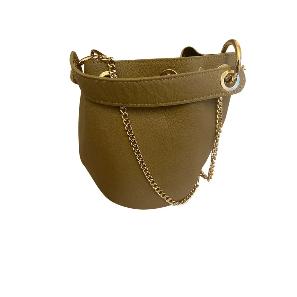 Anna Paola Genuine Leather Olive Green Bucket Bag With Chain Strap